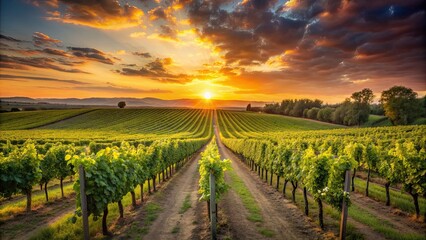 Vineyard sunset with rows of grapevines, vineyard, sunset, grapevines, rows, agriculture, scenic, winery, landscape