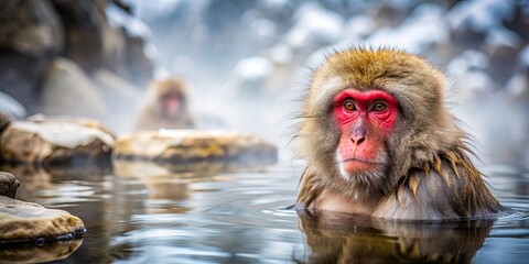 Obraz premium Red-cheeked monkey relaxing in hot spring with steam rising in Nagano, Japan, snow monkey, Japanese macaque, onsen, hot spring