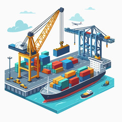 A large ship is docked at a port with a crane lifting a container