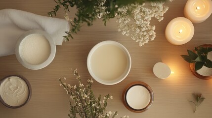 Relaxing Spa Setting with Candles, Creams, and Fresh Flowers on a Wooden Table