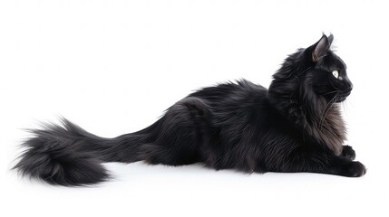 Fototapeta premium A black cat with green eyes lies on a white background. Its tail is fluffy and long.