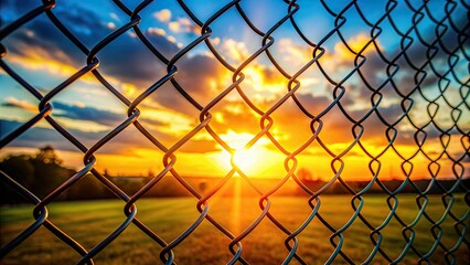 Sunset shining through a chain link fence , sunset, golden hour, sky, weathered, industrial, silhouette, shadows, barrier, nature