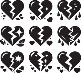 Broken hearts black silhouette vector icon set, Heart icons set.