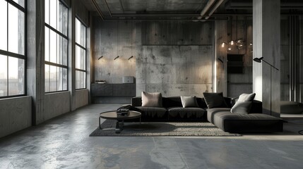Industrial Loft Living Room with Modern Furniture and Concrete Walls.