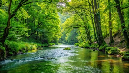 River flowing through lush green forest, nature, water, stream, trees, foliage, tranquility, landscape, outdoors
