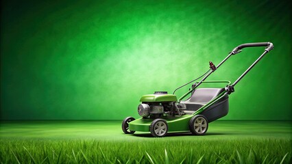 Fototapeta premium Green lawnmower on background, lawnmower, green, eco-friendly, equipment, yard work, gardening