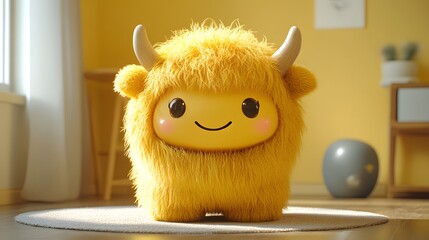 Cute Fluffy Yellow Creature With Horns Smiling.