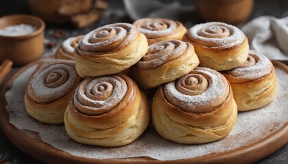 Fototapeta premium A dozen delectable rose-shaped pastries on a wooden tray