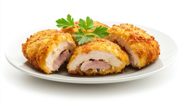 A Plate of Chicken Cordon Bleu Isolated on a White Background. 