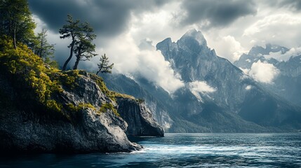 A lone tree stands on a rocky cliff overlooking a serene lake with majestic mountains in the distance, shrouded in a veil of clouds.