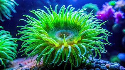 Vibrant green sea anemone swaying in ocean currents, marine life, underwater, tentacles, colorful