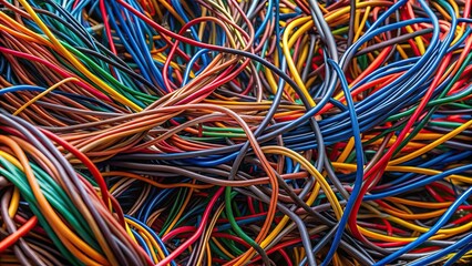 A stunning, chaotic tangle of colorful wires and cables, entangled, messy, beautiful, abstract, chaos, confusion