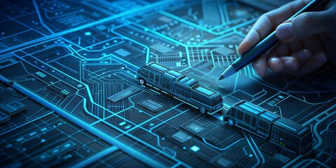 Close-up of a transportation engineer's hand sketching a mass transit network, with metro stations and bus routes