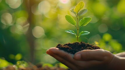 Hand Holding Young Plant with Soil with Blurred Greenery Background