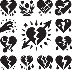 Broken hearts black silhouette vector icon set, Heart icons set.