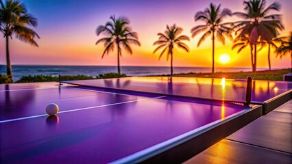 Close up of a purple ping pong table with paddles and ball at sunset in Palm Beach style, ping pong, table tennis, purple