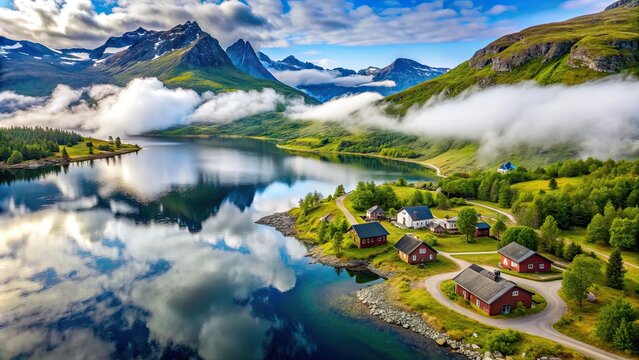 Aerial view of Lake Skarvatnet with misty mountain ridge and chalets along the shoreline, Norway, Oppdal, scenic