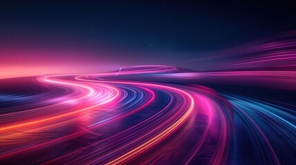 Abstract neon light trails against a starry night sky.