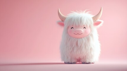 Cute fluffy Yak on a pink background.