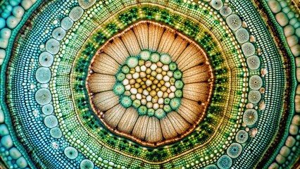 Microscopic view of plant cells in a pine stem cross section cut under the microscope for botanic education, pine
