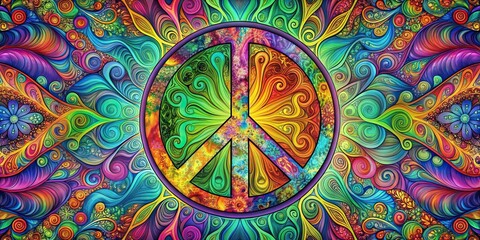 Psychedelic colorful peace sign with vibrant colors and abstract designs, psychedelic, colorful, peace sign, vibrant