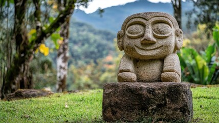 Obraz premium Ancient stone statue with humanoid features on grassy landscape