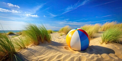 Obraz premium Summer beach ball on sandy dunes with blue sky in background, beach, ball, sand, dunes, summer, sunny, vacation