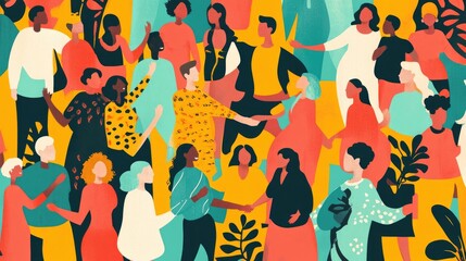 Obraz premium A seamless pattern featuring diverse groups of happy people from different nationalities, holding hands and celebrating unity on a colorful background.