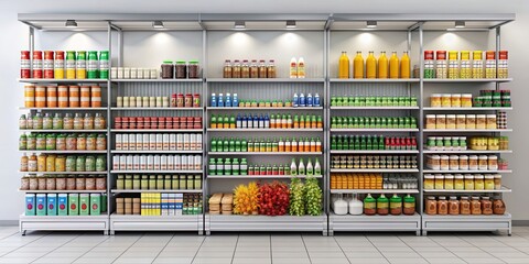 mockup of supermarket shelf with various products on display, supermarket, shelf, market stand, retail, shop, product rack