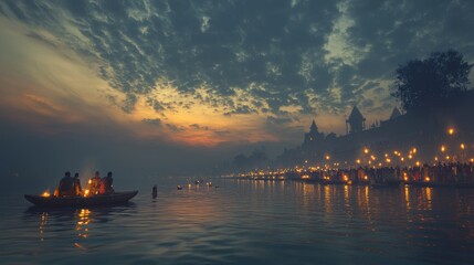 Naklejka premium A serene Ganga riverbank with devotees performing evening aarti under a dusky sky, symbolizing spiritual connection and deep Indian beliefs.