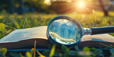 Vertical 8 inch Repeatable Left Side Border Design with Magnifying Glass Zooming In on Open Book and Bright Spotlight Outdoors on Clear Day