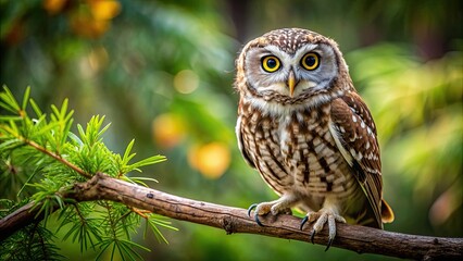 Obraz premium Owl perched on branch looking at camera, owl, bird, wildlife, nature, perched, branch, lookout, stare, animal