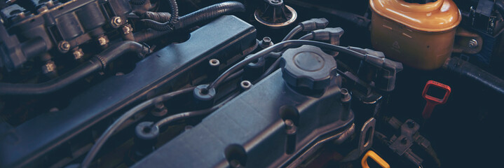 Banner Mechanic man hands repairing car shop. Man hands fixing Car machinery vehicle mechanical...