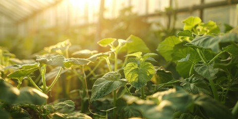 Obraz premium Unhealthy cucumber foliage in a greenhouse within a vegetable garden