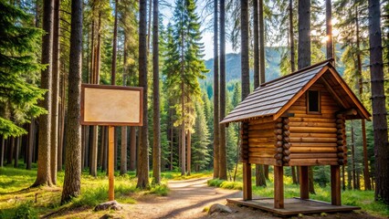Wooden cabin sign surrounded by tall pine trees in a serene woodland setting , cabin, sign, pine trees, woodland, nature