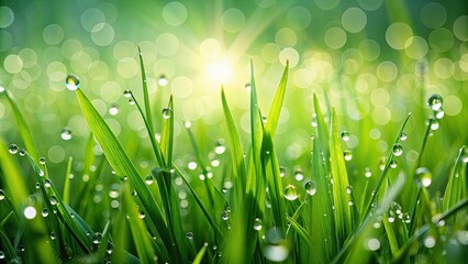 Fototapeta premium Green grass background with dew drops, nature, fresh, vibrant, texture, meadow, outdoors, environment, growth, lush, spring