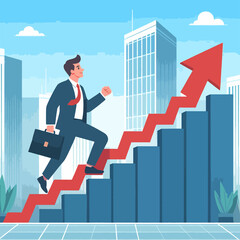 A man in a suit is running up a red staircase with a red arrow pointing upwards