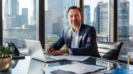 Fototapeta premium portrait of a businessman seated at a large, elegant desk in a modern office, with a laptop open, documents spread out, and a city skyline visible through the floor-to-ceiling windows.