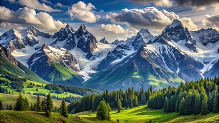 Majestic mountain ranges with snow-capped peaks and lush valleys , peaks, nature, landscape, scenic, adventure