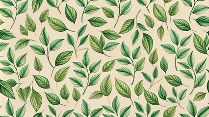 Fototapeta premium Seamless pattern featuring delicate green leaves on a beige background, leaves, seamless, pattern, foliage, nature