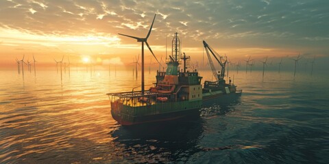 Obraz premium A vessel engaged in the installation of offshore wind turbines, demonstrating renewable energy efforts at sea