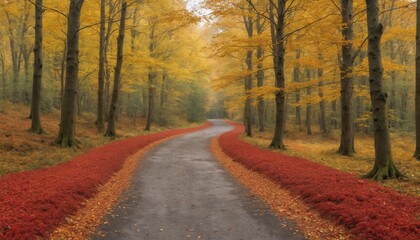 Fototapeta premium Enchanted autumn pathway through golden-leaved forest at dawn illuminated by soft morning light