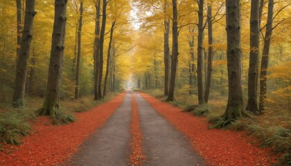 Fototapeta premium Enchanted autumn pathway through golden-leaved forest at dawn illuminated by soft morning light