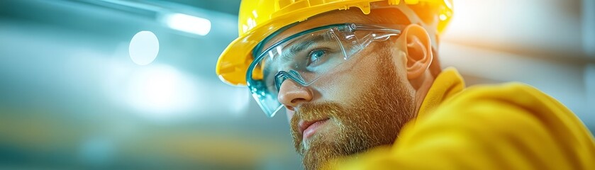 Construction Worker in Hard Hat and Safety Goggles