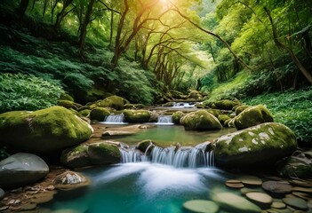 Fototapeta premium Beautiful and Peaceful Nature Scenery Illustration, Landscape, Countryside, Tranquil, Vibrant and Colorful