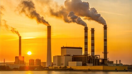 Factory and chimneys in the background of sunset