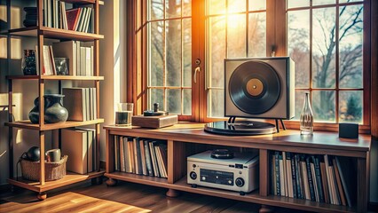 Vintage turntable and speakers on shelf surrounded by books in cozy room with window , vintage, turntable, speakers, shelf, books, cozy