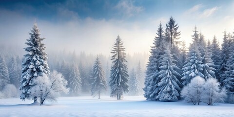 Winter forest scene with snow-covered trees in fog, capturing serene beauty of nature, winter, forest, snow, trees, fog