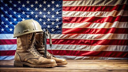 Memorial Day tribute featuring a helmet and boots with American flag backdrop , Memorial Day, honor, tribute