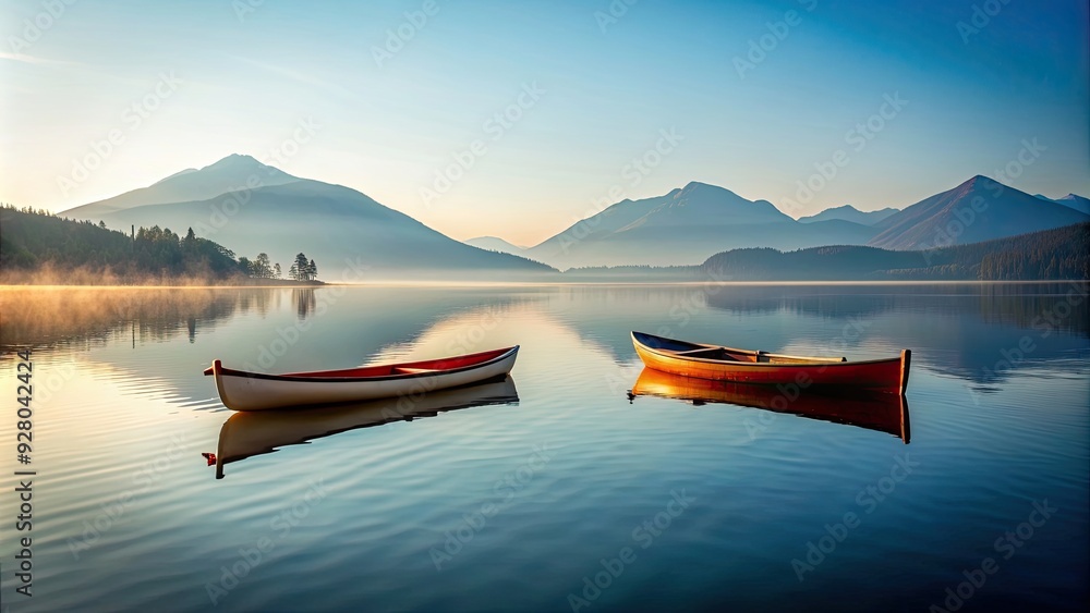 Wall mural Minimalist postcard of two canoes on calm lake with mountainous backdrop, evoking sense of wanderlust, canoe, lake